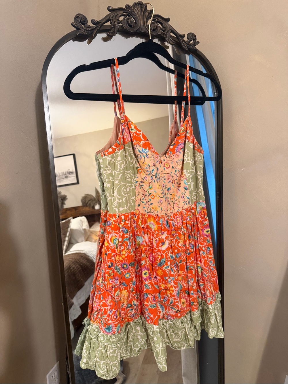 Floral Patchwork Spaghetti‑Strap Sundress in Orange and Sage